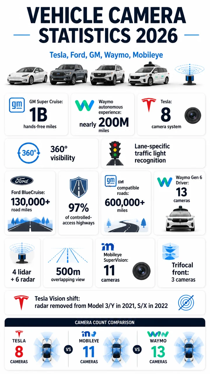 Vehicle Camera Statistics 2026: 50+ Data Points on Tesla, Ford, GM, Waymo, and Mobileye